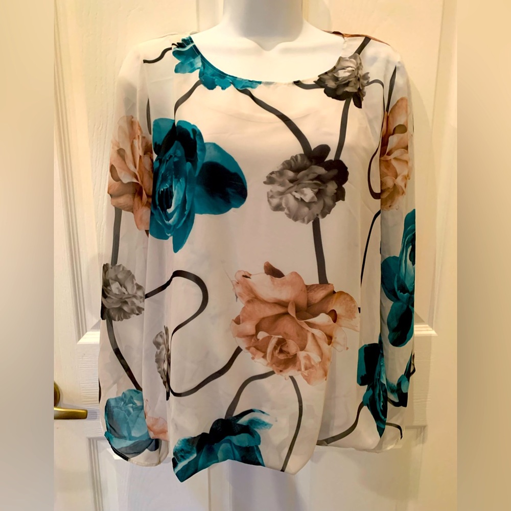 Alfani Teal, Peach & Gray Floral Long-Sleeve Blouse